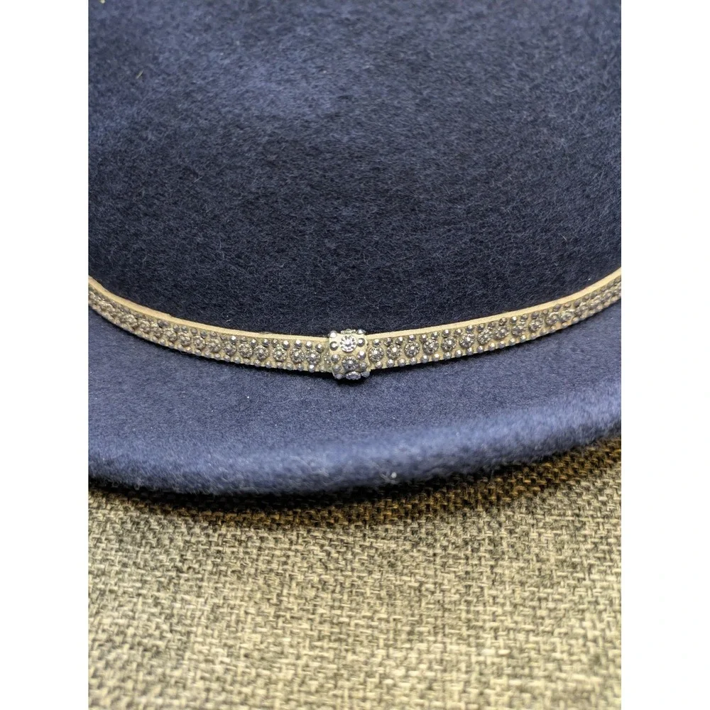 Charming Charlie Blue Wool Fedora Hat Wide Brim Womens Medium Rhinestone Belted